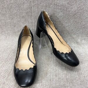 Chloe Lauren Scalloped Black Leather Block Heel Pumps Shoes Size 37 EU US 6.5-7